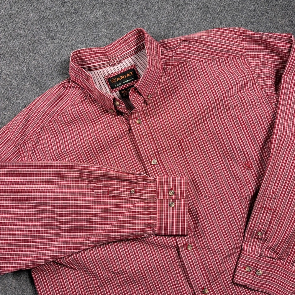 Ariat Pro Series Shirt Mens XXL Red White Micro Check Long Sleeve Button Down